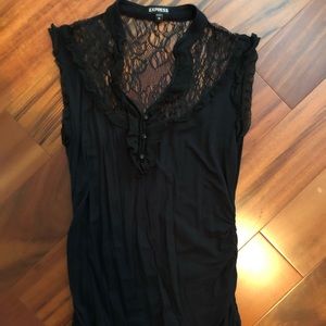 Express Womens Ruffles Split V-Neck Sleeveless Sheer Lace Tank Top Black Medium